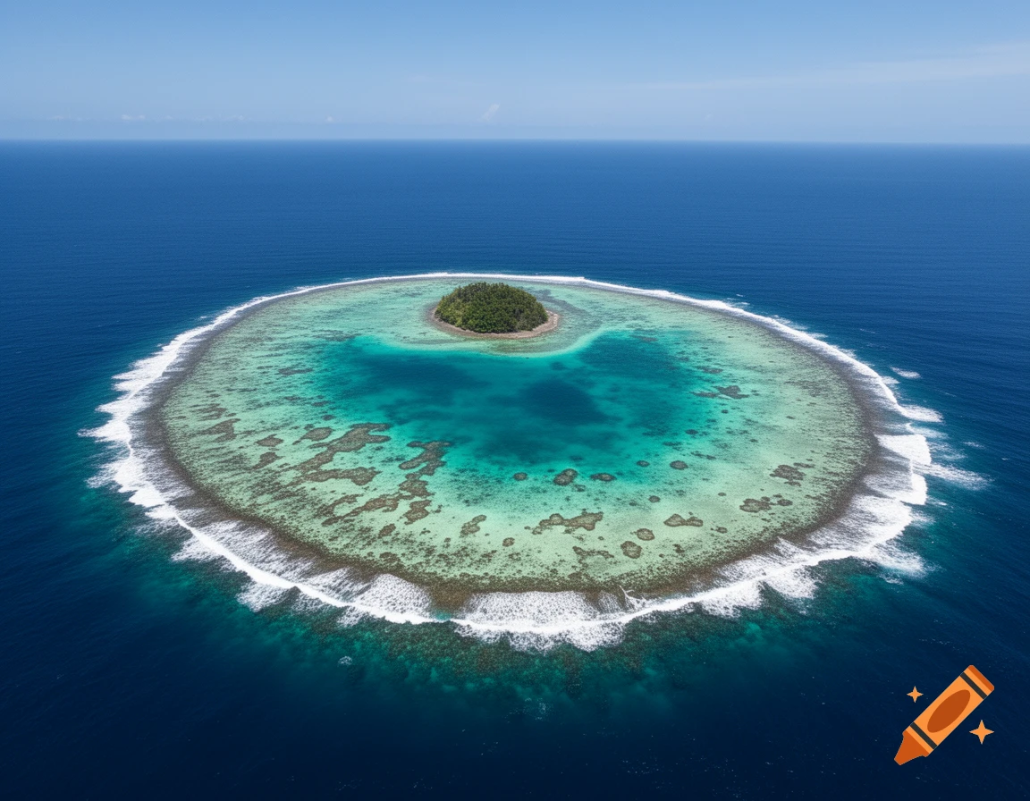 Aerial view of a small, lush green island in the middle of a vibrant, circular coral reef within a deep blue ocean under a clear sky.