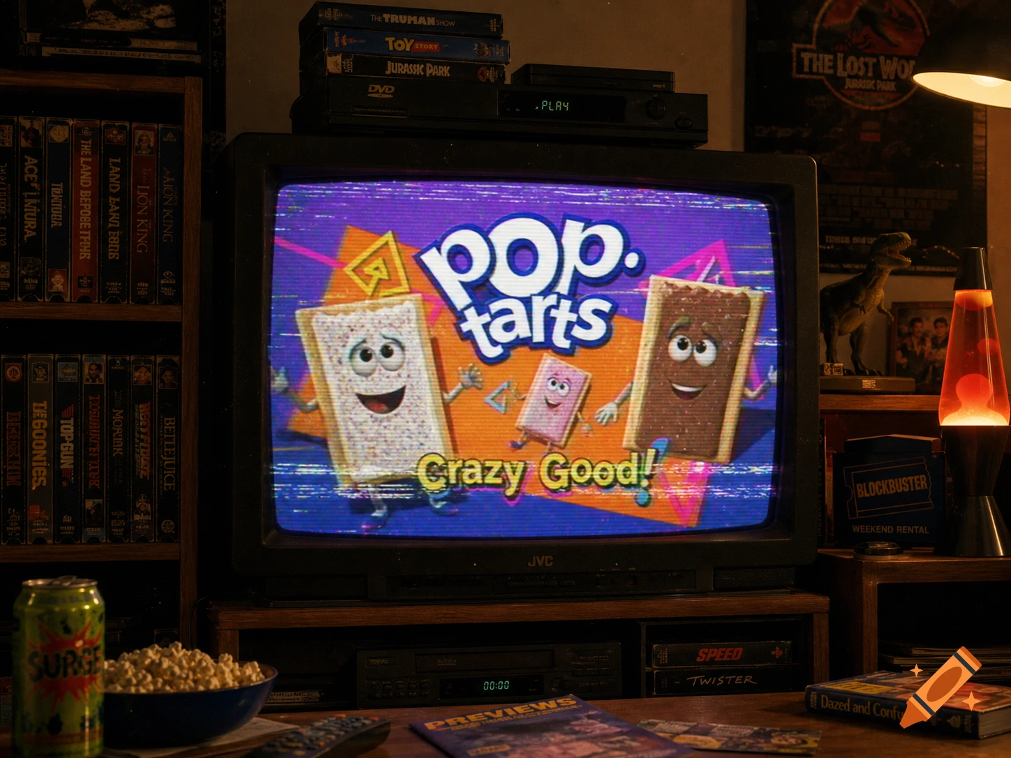 A retro-themed room with a TV showing a Pop-Tarts commercial, surrounded by VHS tapes, a lava lamp, a Surge can, popcorn, and a Blockbuster case.
