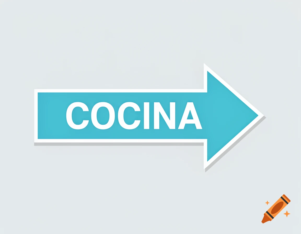 A teal arrow sign pointing right with the word 'COCINA' in white text on a light gray background.