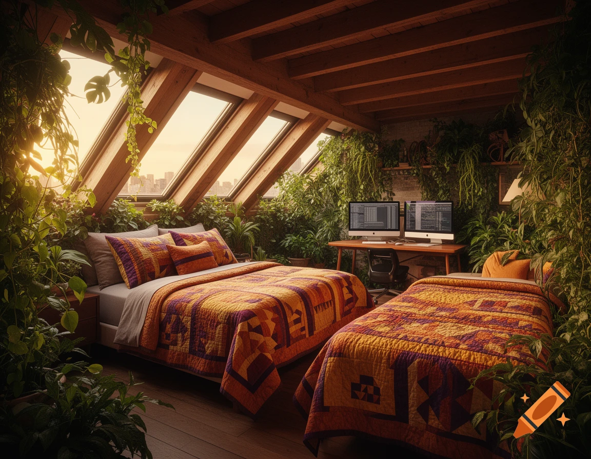A sunlit top-floor bedroom with a slanted ceiling, large windows, and abundant green plants. It features two beds with orange and purple quilts and a desk with two computer monitors.