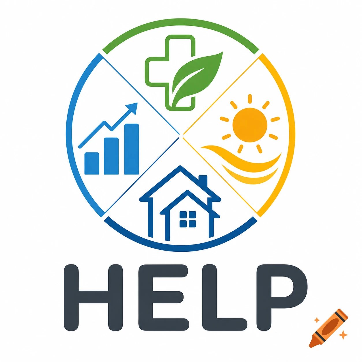A clean, minimalist logo for HELP with a circular emblem divided into quadrants: health, employment, leisure, and place symbols. Below, the word HELP.