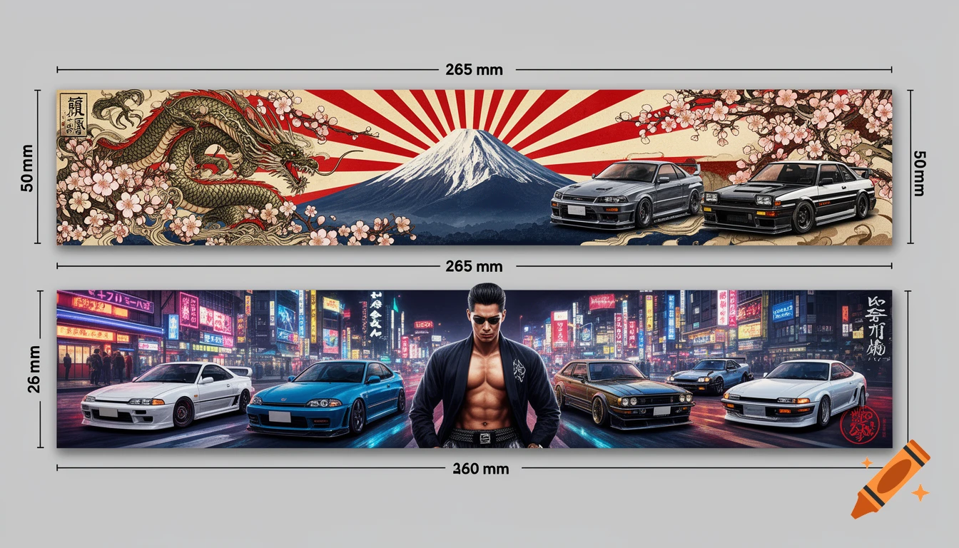 Two horizontal art designs for an exhibitor. The top shows a dragon, cherry blossoms, Mount Fuji, and classic JDM cars. The bottom features a muscular man and modern JDM cars on a neon Tokyo street.