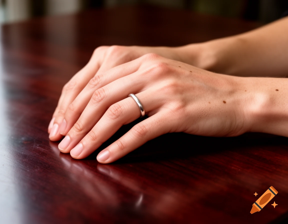 Close-up of a person's hands resting on a dark wooden table, with one hand wearing a silver ring.