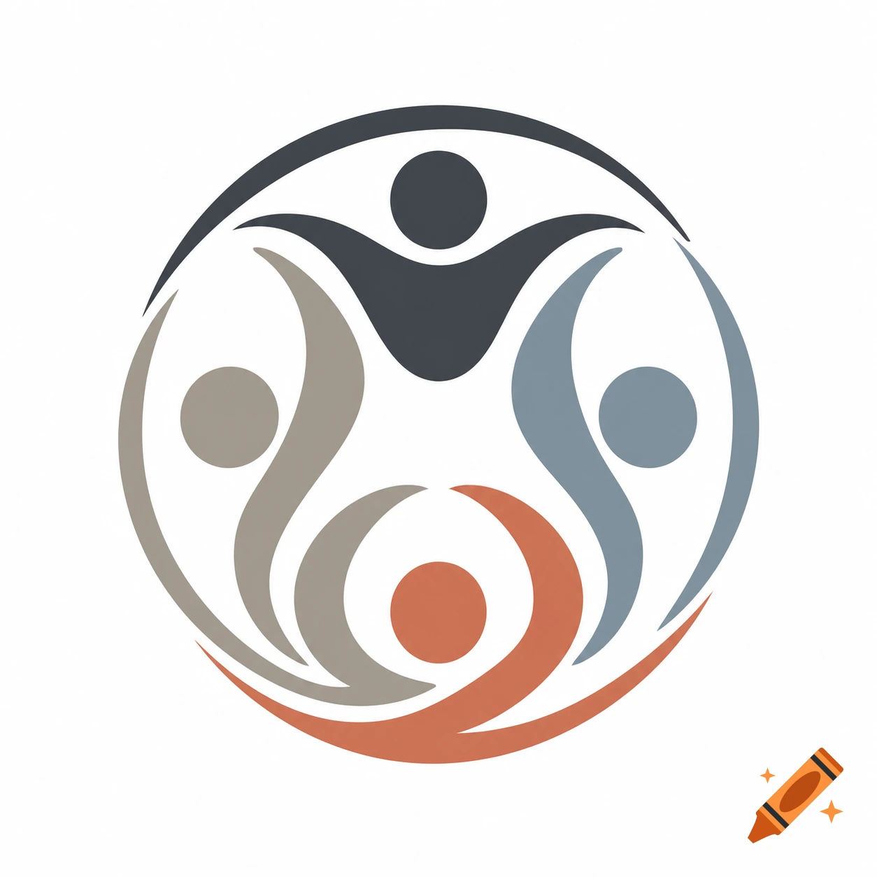Abstract logo featuring four stylized human figures interlocking in a circular pattern, rendered in muted colors.
