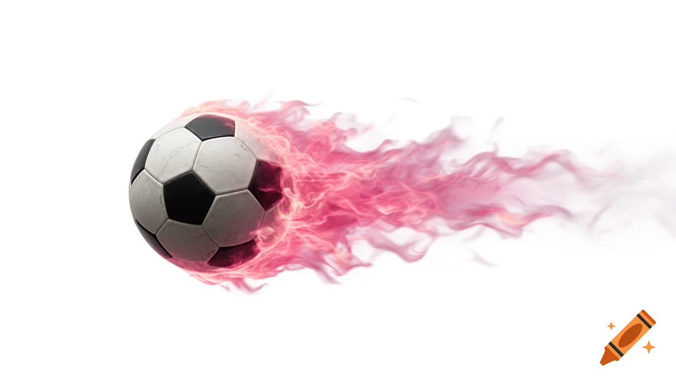 A black and white soccer ball streaks through the air with vibrant pink flames trailing behind it, on a white background.