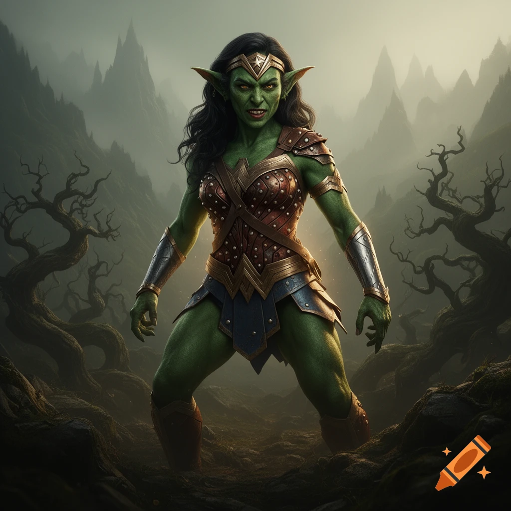 A green-skinned, fierce goblin-like Wonder Woman in armor stands in a misty, dark fantasy landscape with gnarled trees.