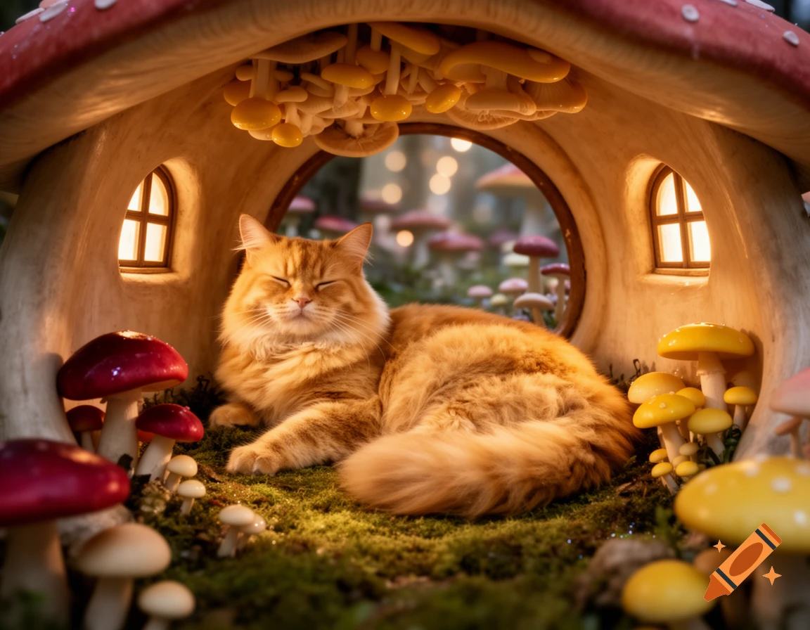 A fluffy orange cat with closed eyes naps inside a whimsical mushroom-shaped house, surrounded by colorful red and yellow mushrooms.