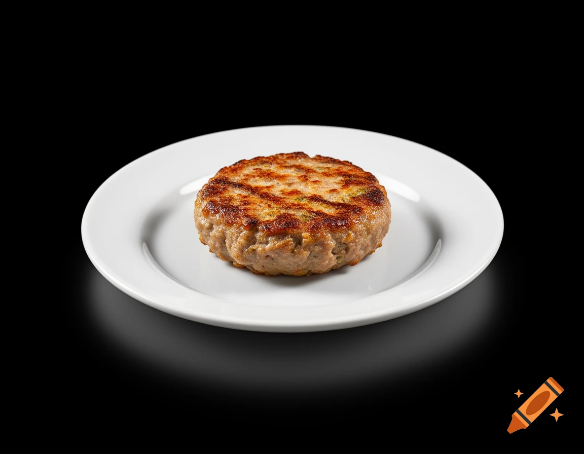 A photorealistic image of a golden-brown cooked burger patty on a white plate against a black background.