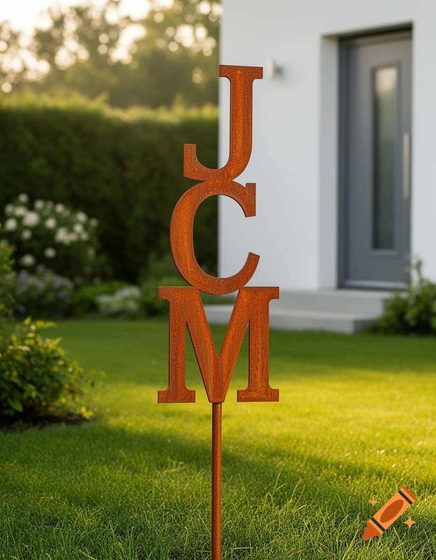 Photorealistic image of a rusted Corten steel JCM monogram garden stake in a green backyard with a modern house.