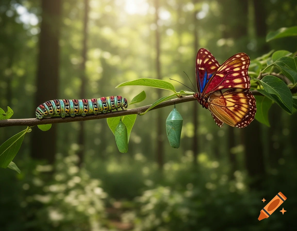 A colorful caterpillar, a green chrysalis, and a vibrant butterfly on a branch in a sunlit forest.
