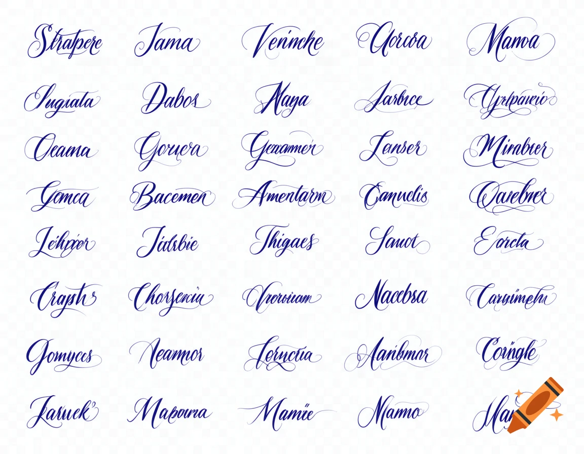 A grid of 30 unique words written in elegant blue cursive handwriting against a transparent background.