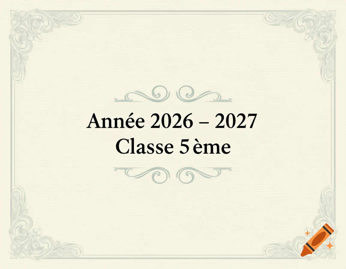 A light-colored page with an ornate border, displaying the French text 'Année 2026 – 2027 Classe 5ème' in the center.