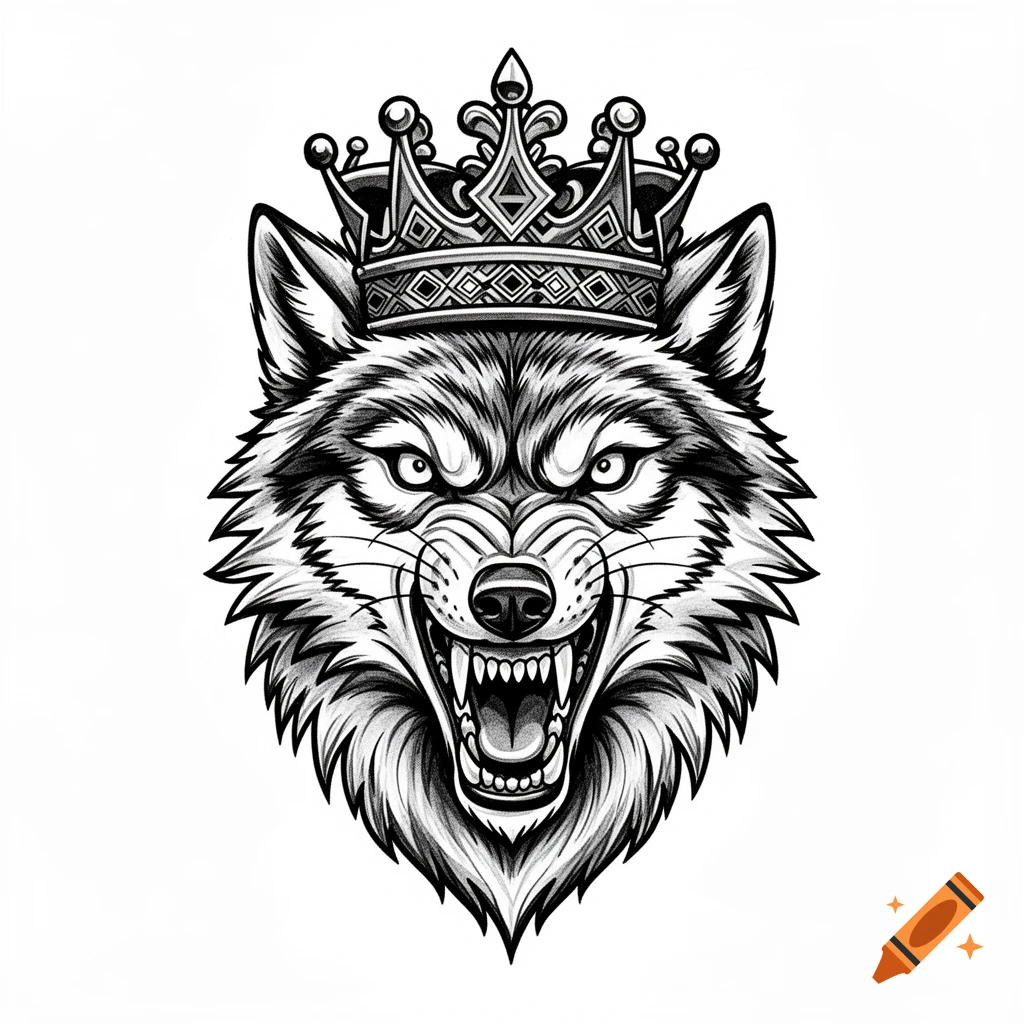 A detailed black and white illustration of an angry wolf's head wearing a crown, with its mouth open showing fangs.