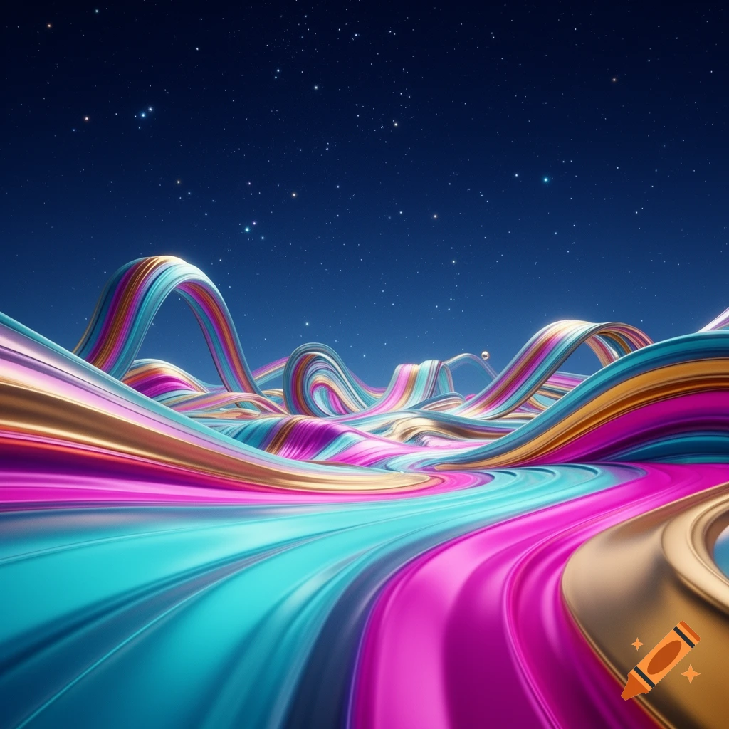 Abstract landscape of shimmering, colorful metallic ribbons forming rolling waves under a starry night sky.