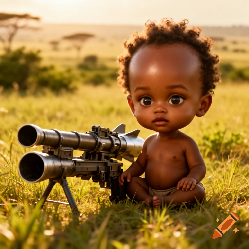 A cartoonish baby with a large forehead sits in a grassy savanna next to a rocket launcher, looking wide-eyed at the viewer.