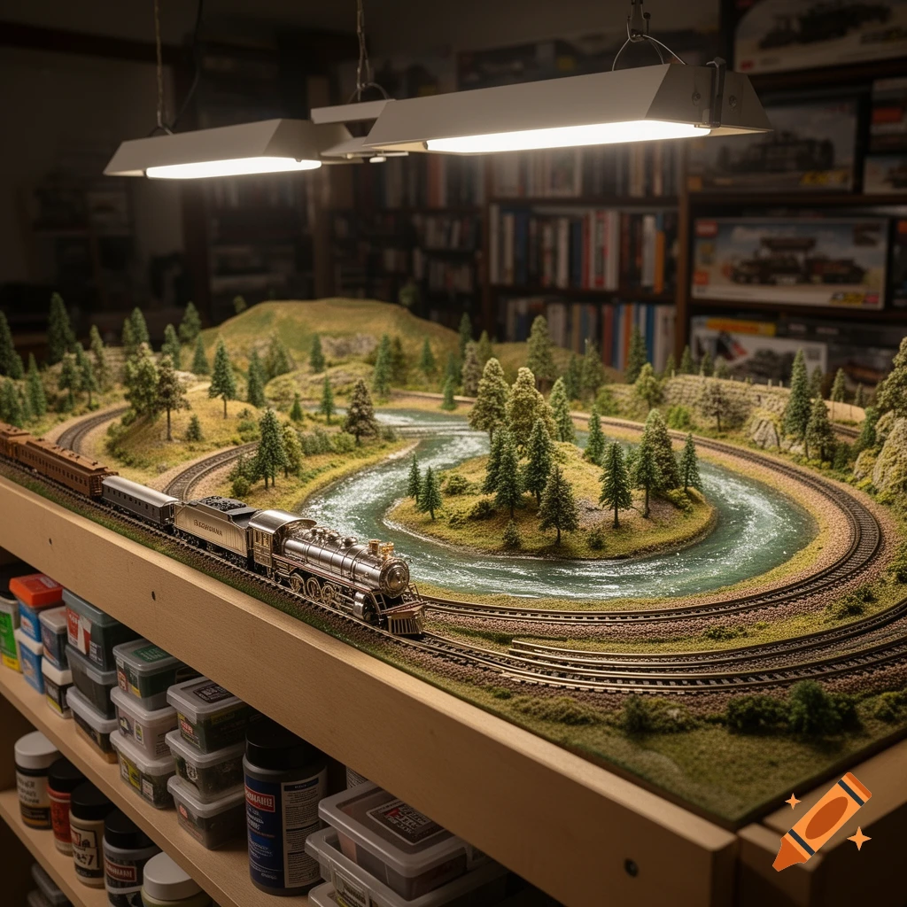 Detailed model train layout with a silver steam locomotive and brown cars moving along tracks, winding around a green island with a river and pine trees. The setup is on a wooden shelf, with storage containers below, and bookshelves blurred in the background.