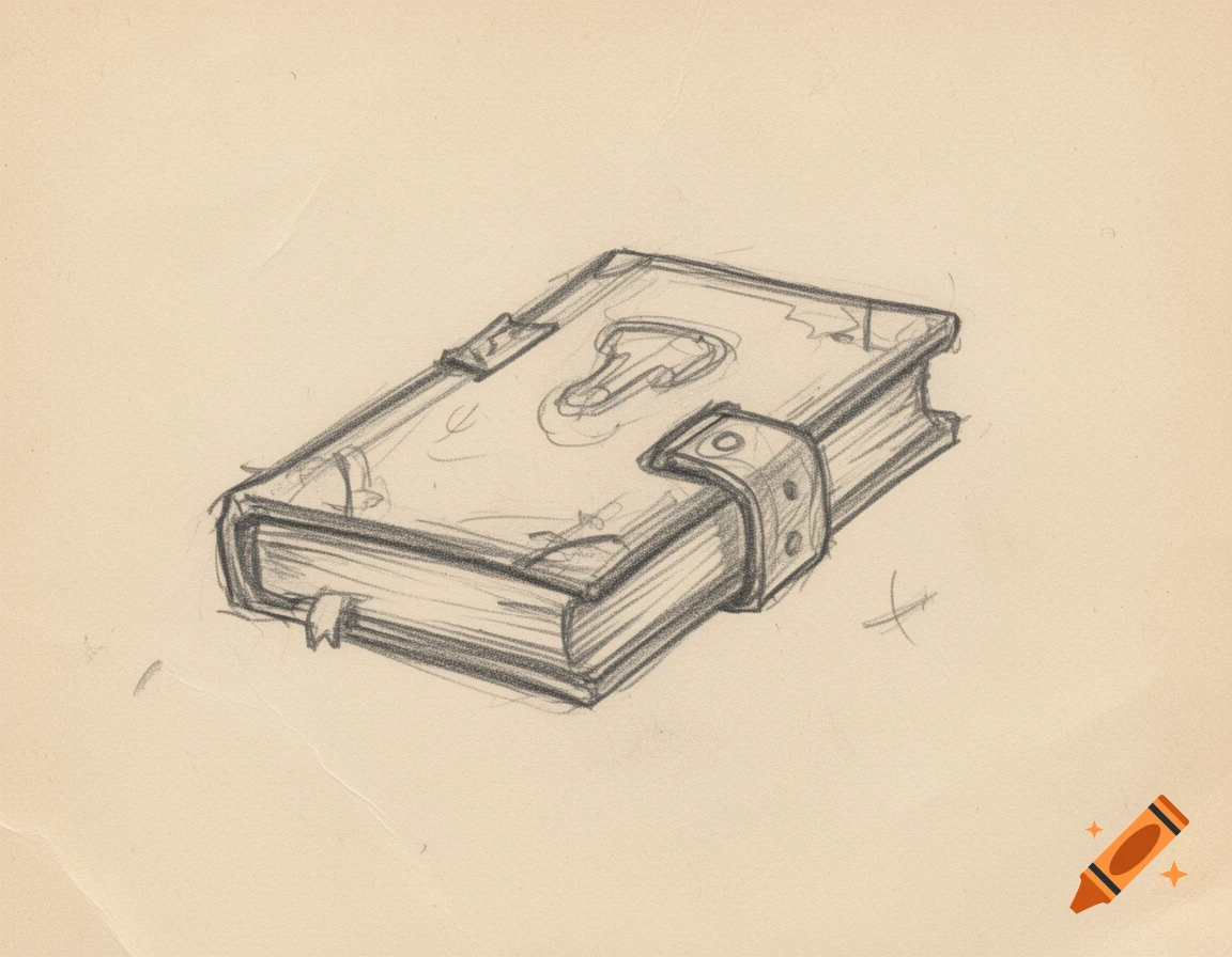 A rough pencil sketch of an old magical book with a clasp on slightly yellowed paper.