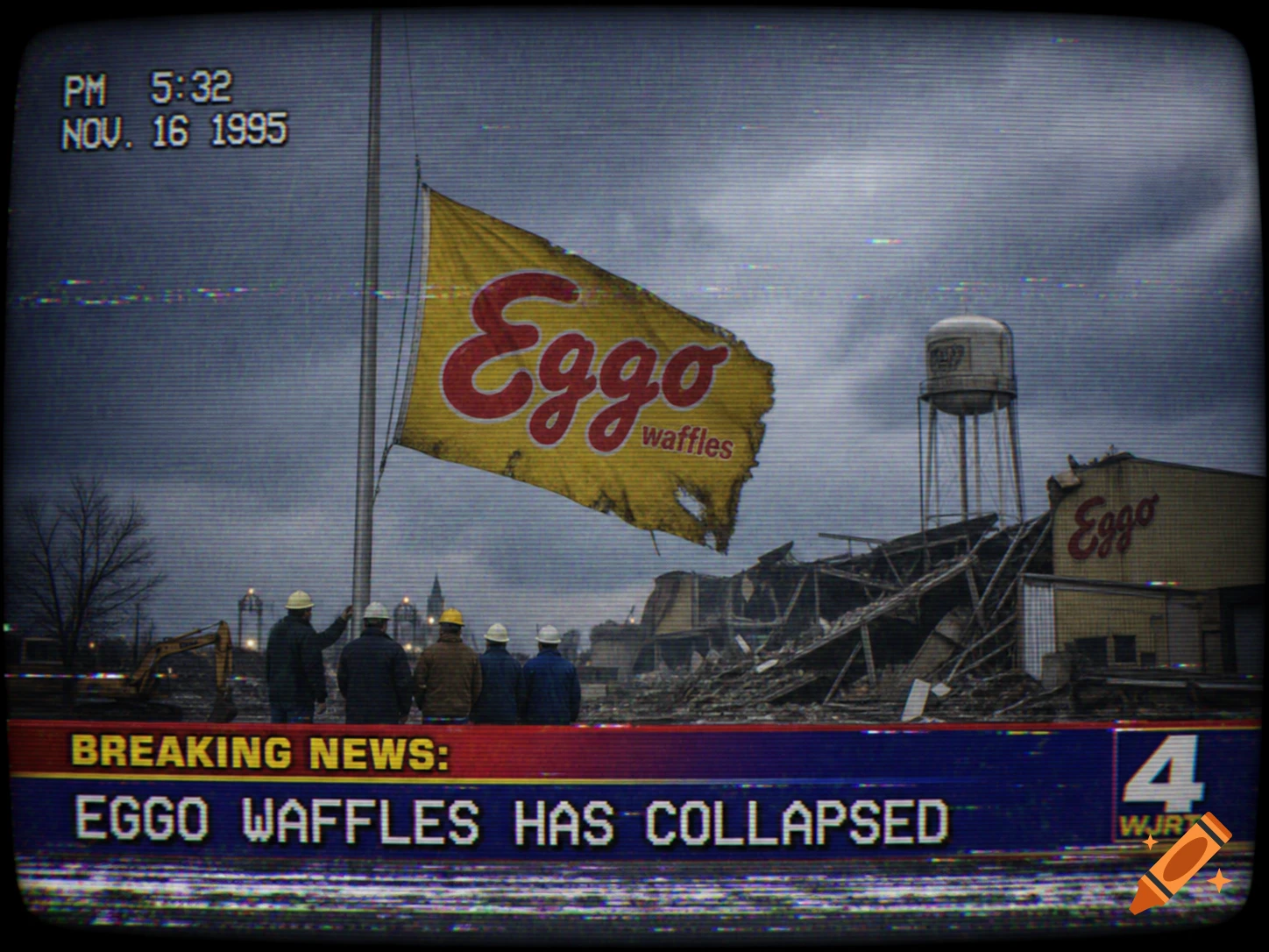 VHS recording of breaking news: Eggo Waffles factory collapse, with a tattered flag, workers, and a news ticker 'EGGO WAFFLES HAS COLLAPSED'.