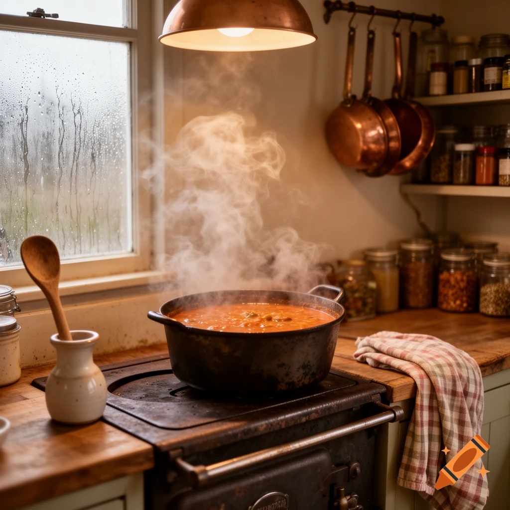 A pot of steaming orange soup cooks on a rustic black stove in a cozy kitchen with a rainy window.