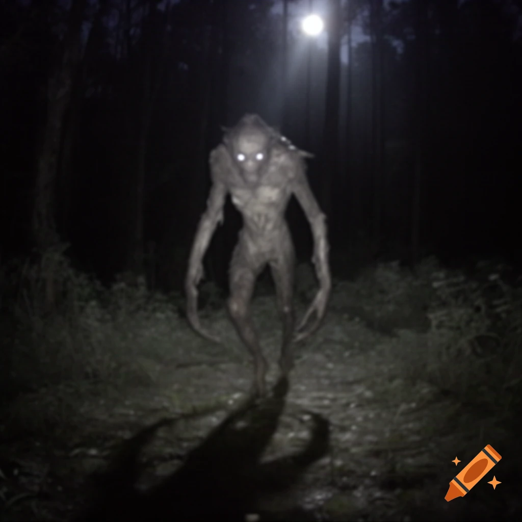 A blurry, low-quality image of a creepy, gaunt humanoid creature with glowing eyes standing in a dark forest at night, casting a long shadow.