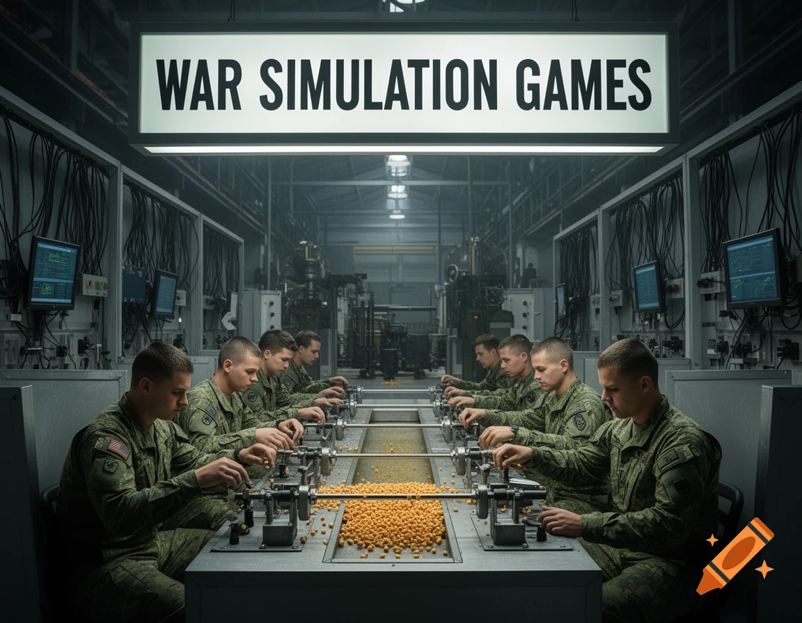 Soldiers in a sterile lab operate levers over corn pellets under a 'War Simulation Games' sign, resembling a rat lab setting.