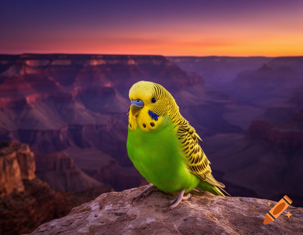 A vibrant green and yellow budgerigar sits on a rock overlooking the Grand Canyon at sunset, photorealistic.