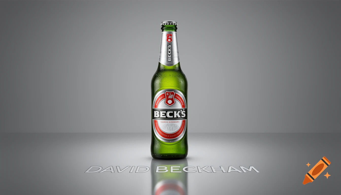 A photorealistic image of a green Beck's beer bottle with condensation, standing on a reflective gray surface with the name DAVID BECKHAM subtly engraved.