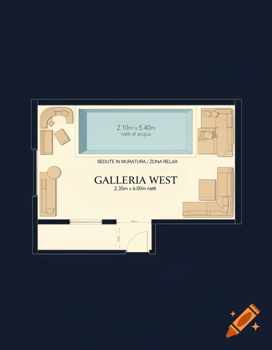 An architectural floor plan with a pool, multiple seating areas, and measurements labeled in Italian. The design features a 'Galleria West' and a 'Zona Relax'.