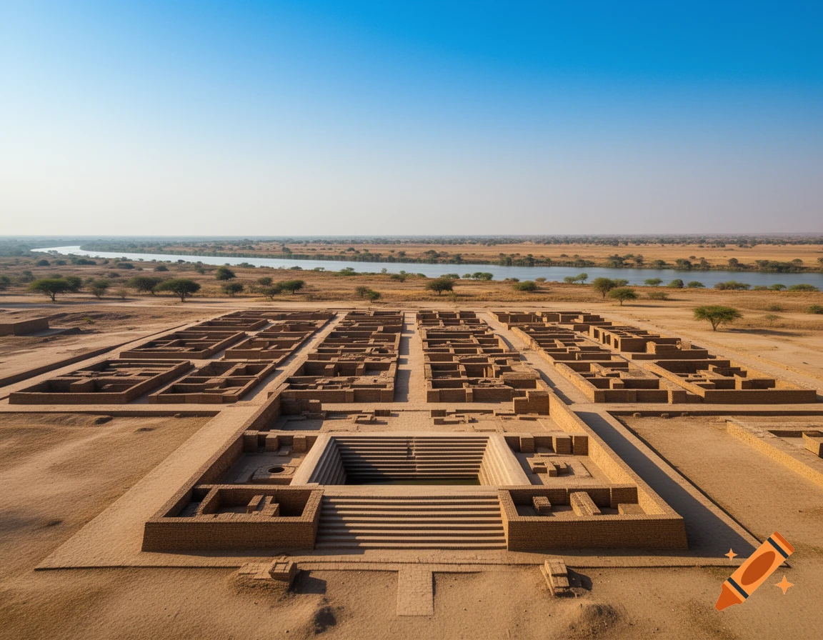 Aerial view of the ancient Mohenjo-Daro archaeological site with brick ruins, a large stepwell, and a distant river under a clear blue sky.