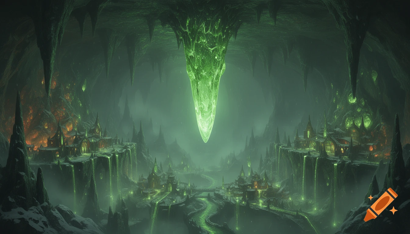A glowing emerald crystal hangs above an elaborate elven city built into a vast, misty green cavern.