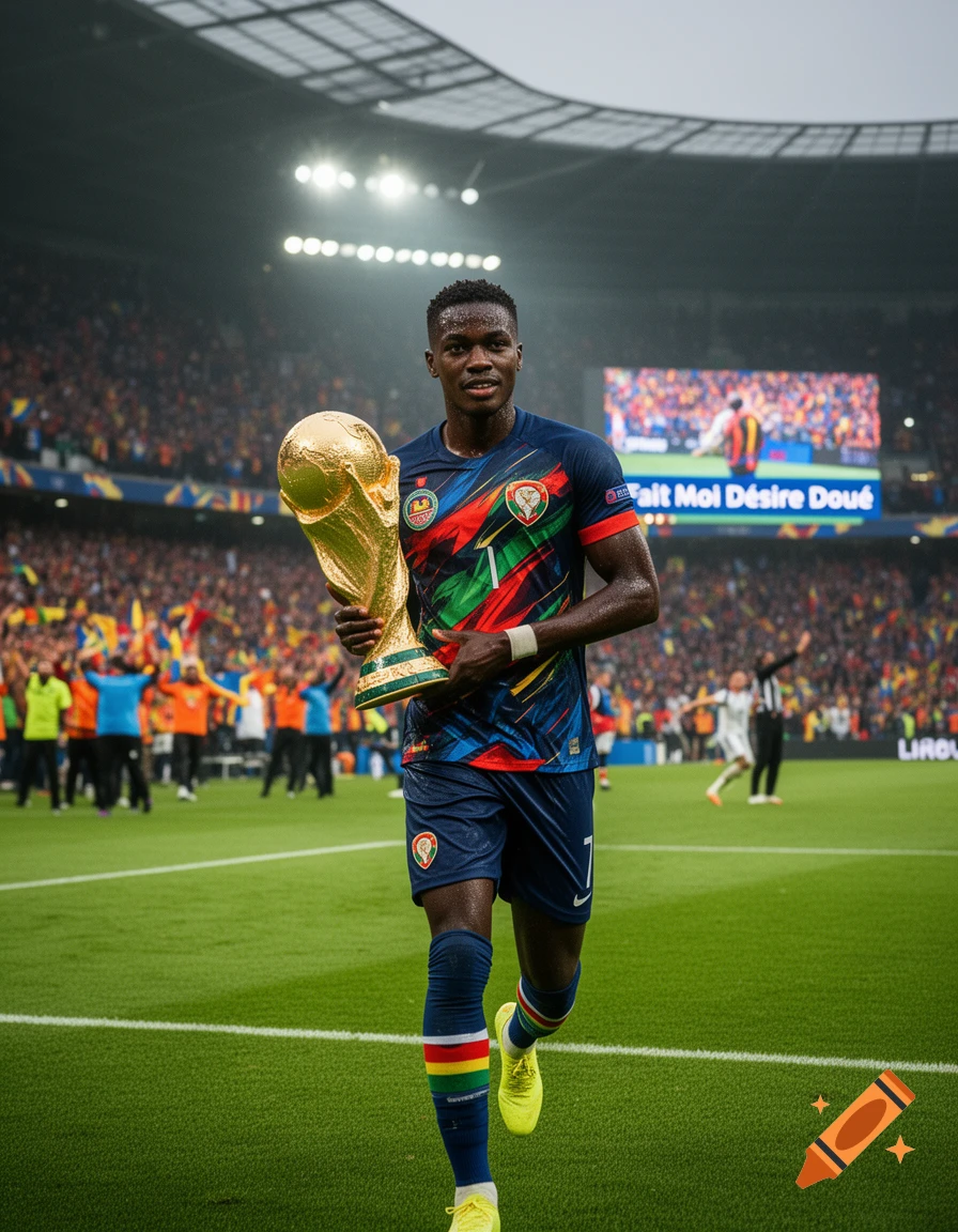 A photorealistic image of a young Black male soccer player holding a golden World Cup trophy on a stadium field, celebrating with a crowd in the background.