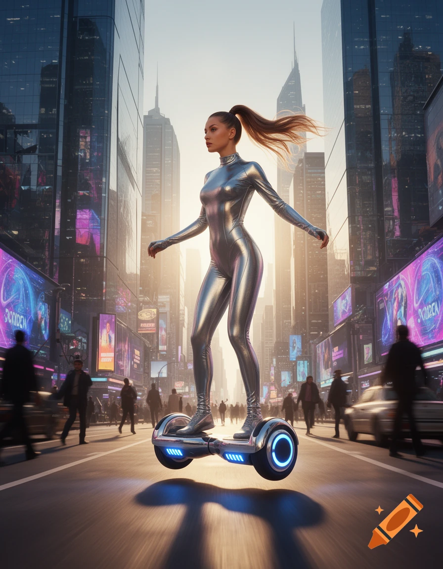 A woman in a metallic silver suit rides a hoverboard down a futuristic city street with glowing billboards, photorealistic.