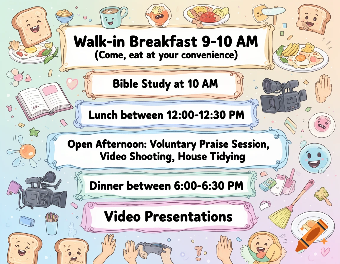 A colorful cartoon daily schedule with a light blue background. It lists "Walk-in Breakfast 9-10 AM," "Bible Study at 10 AM," "Lunch between 12:00-12:30 PM," "Open Afternoon: Voluntary Praise Session, Video Shooting, House Tidying," "Dinner between 6:00-6:30 PM," and "Video Presentations." The schedule is adorned with cartoon images of smiling toast, coffee cups, a bible, cameras, hands, and cleaning supplies.