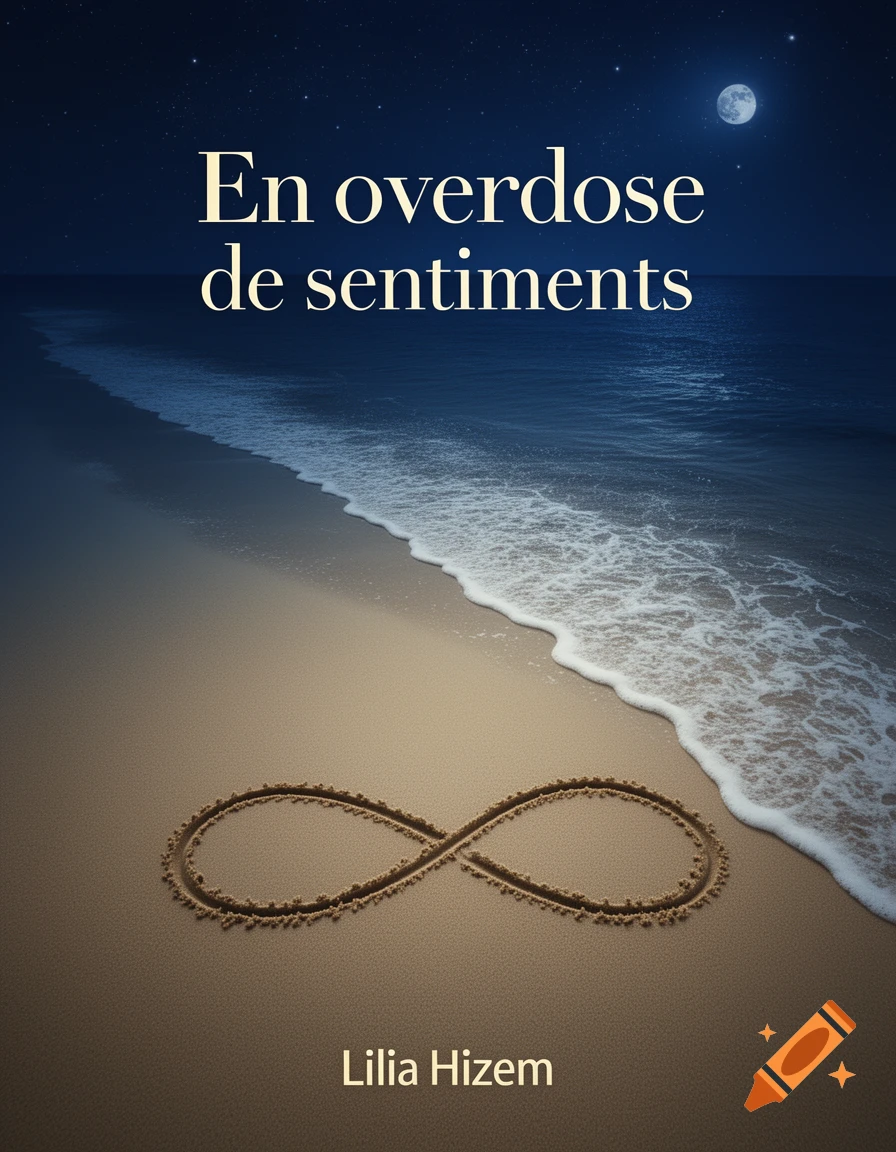 Night beach scene with a full moon, waves, an infinity symbol in the sand, and book title text 'En overdose de sentiments' by Lilia Hizem.