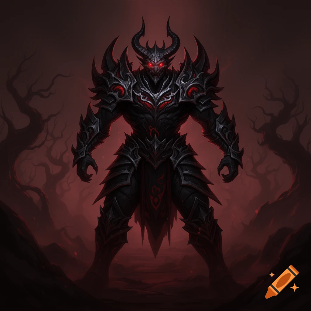 Menacing dark armored demon with red glowing eyes and horns stands in a shadowy red forest.