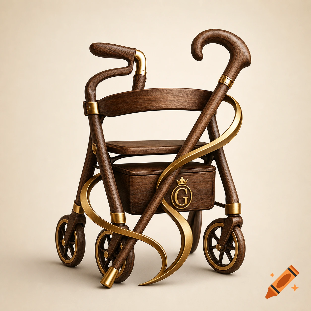 A luxurious wooden rollator and walking stick with gold accents, styled as a logo on a light background.