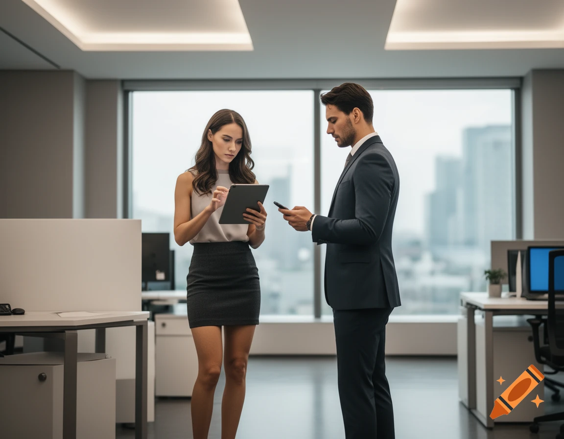 A man in a suit looks at his smartphone while a woman in a skirt uses a tablet in a modern office.