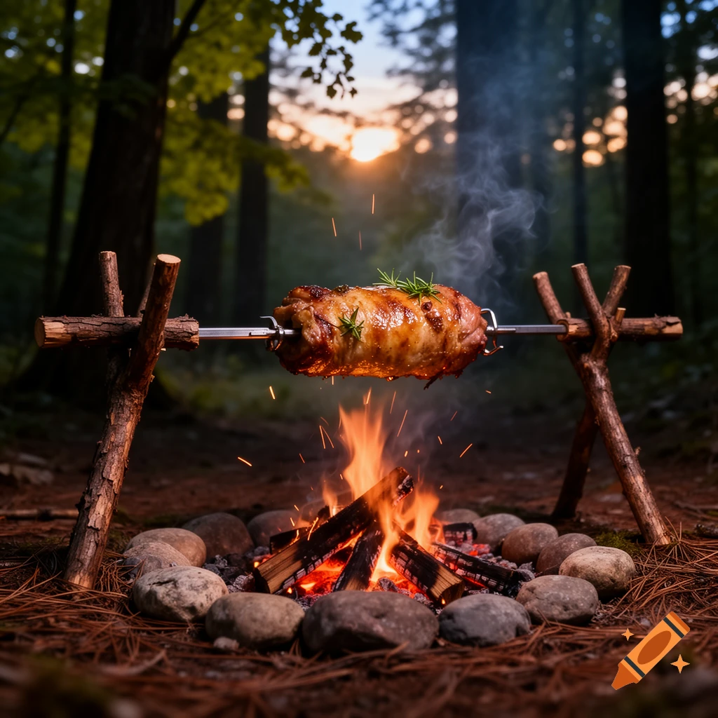 A photorealistic image of a golden-brown roast cooking on a rotating spit over a crackling campfire in a forest at sunset.