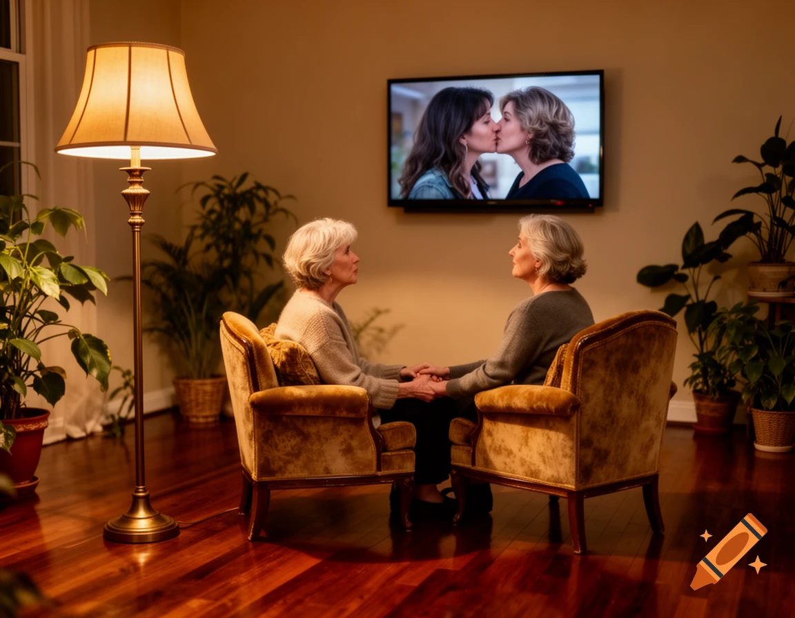 Two mature women holding hands in armchairs, watching TV where two women are kissing in a cozy living room.