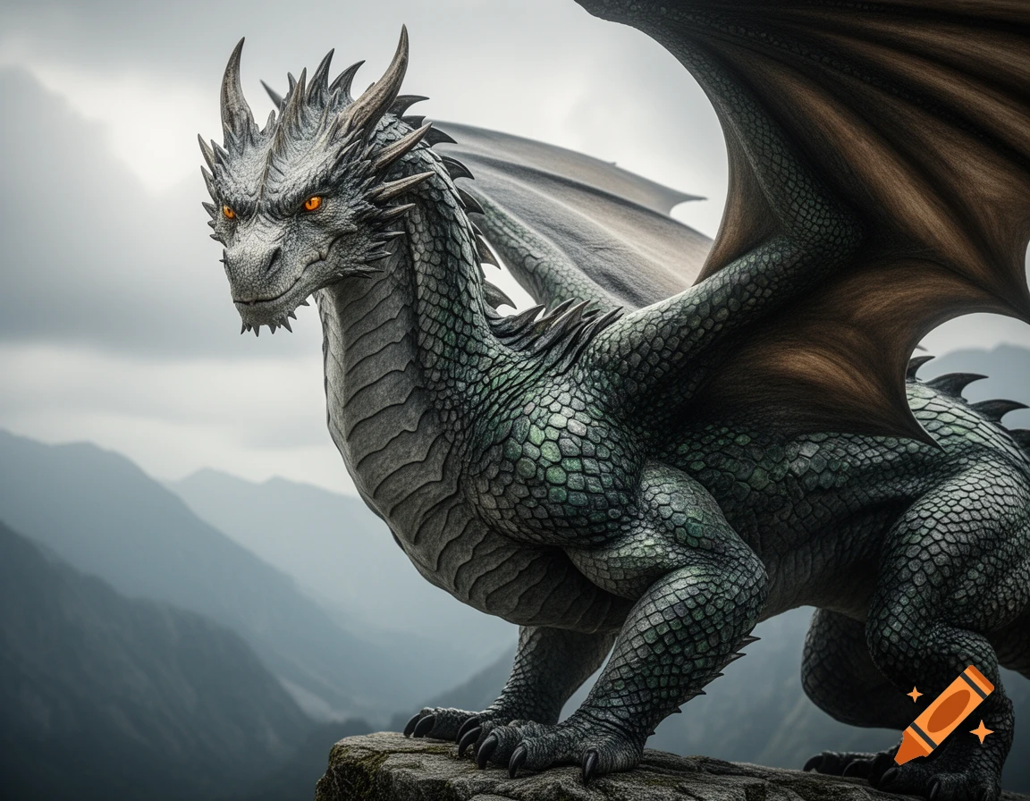 A majestic, muscular grey-green dragon with glowing orange eyes stands on a rocky cliff overlooking misty mountain ranges.