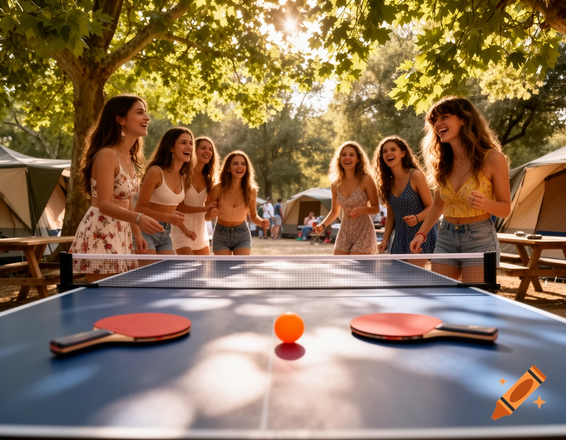 Young women gathered around a table tennis table with paddles and a ball at a sunny campsite, laughing and smiling.