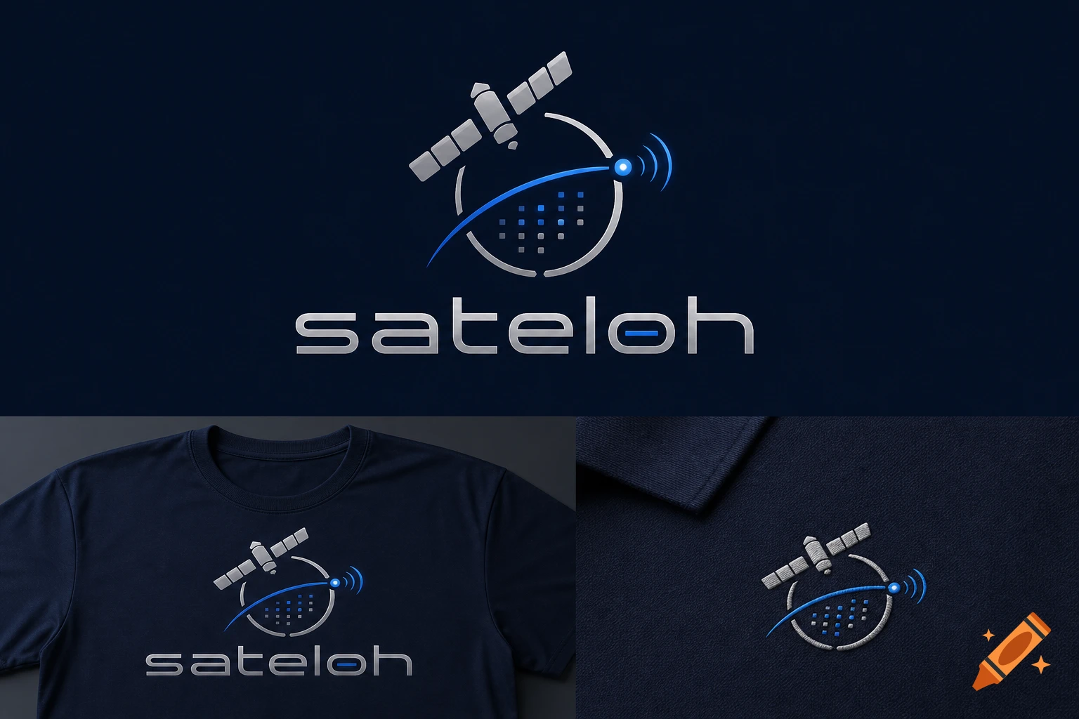 Silver and blue 'sateloh' logo with a satellite and radio waves, displayed on a dark background, a black t-shirt, and fabric.