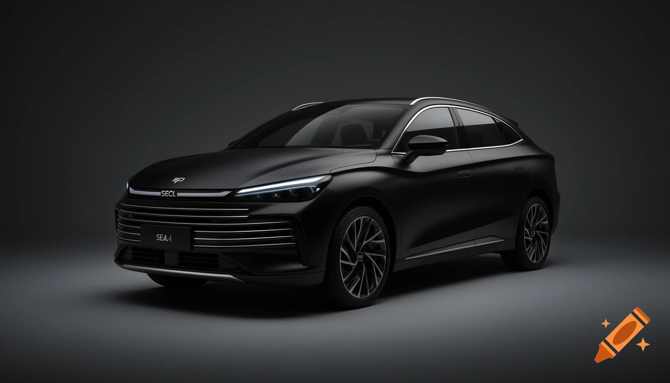 Photorealistic studio shot of a matte black car with sleek headlights and a detailed grille.