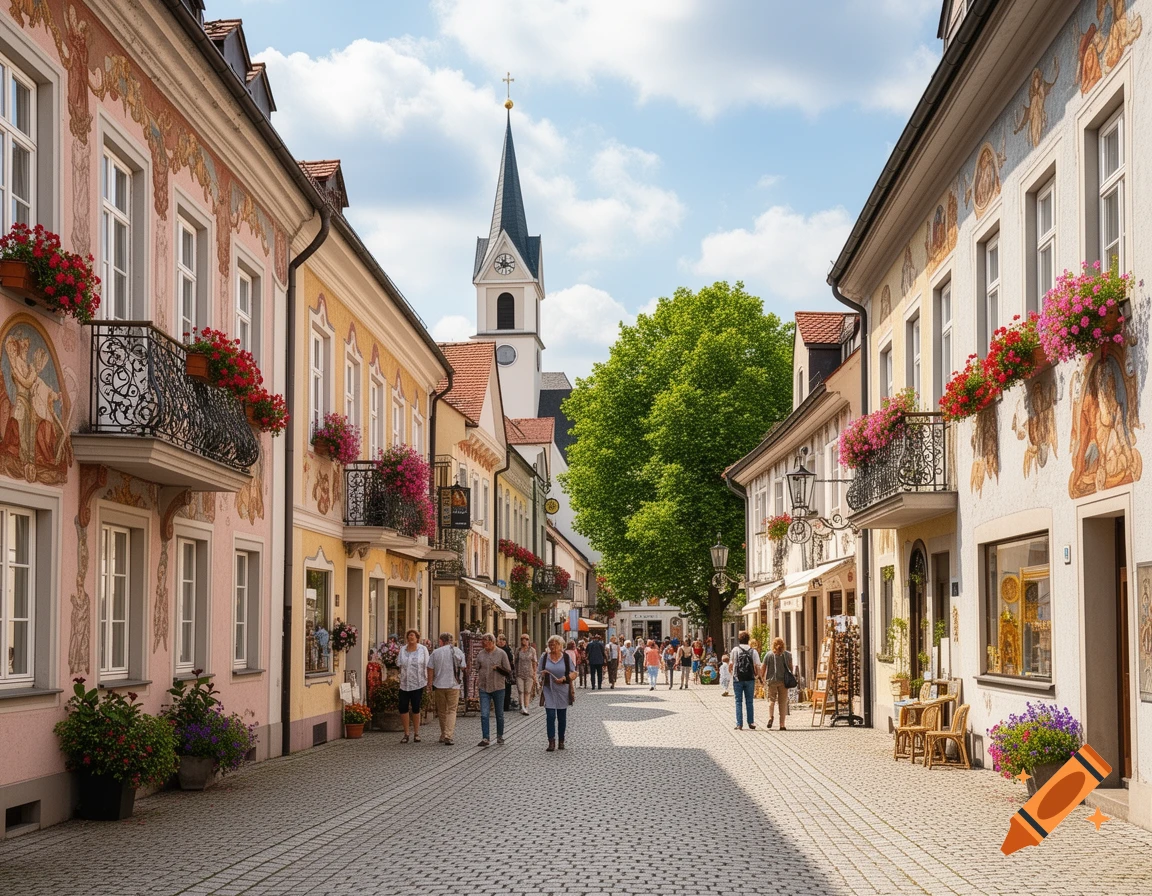 A picturesque cobblestone street lined with colorful, ornately painted buildings and flower boxes, leading to a distant church tower under a blue sky, with people strolling.