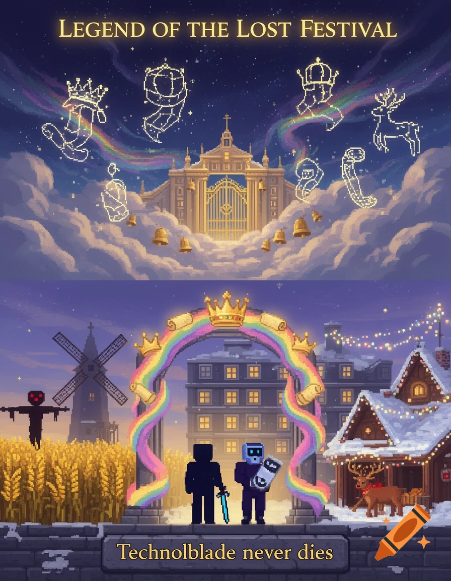 Pixel art fantasy festival scene with a celestial gate in clouds, constellations, and a winter landscape with blocky characters.