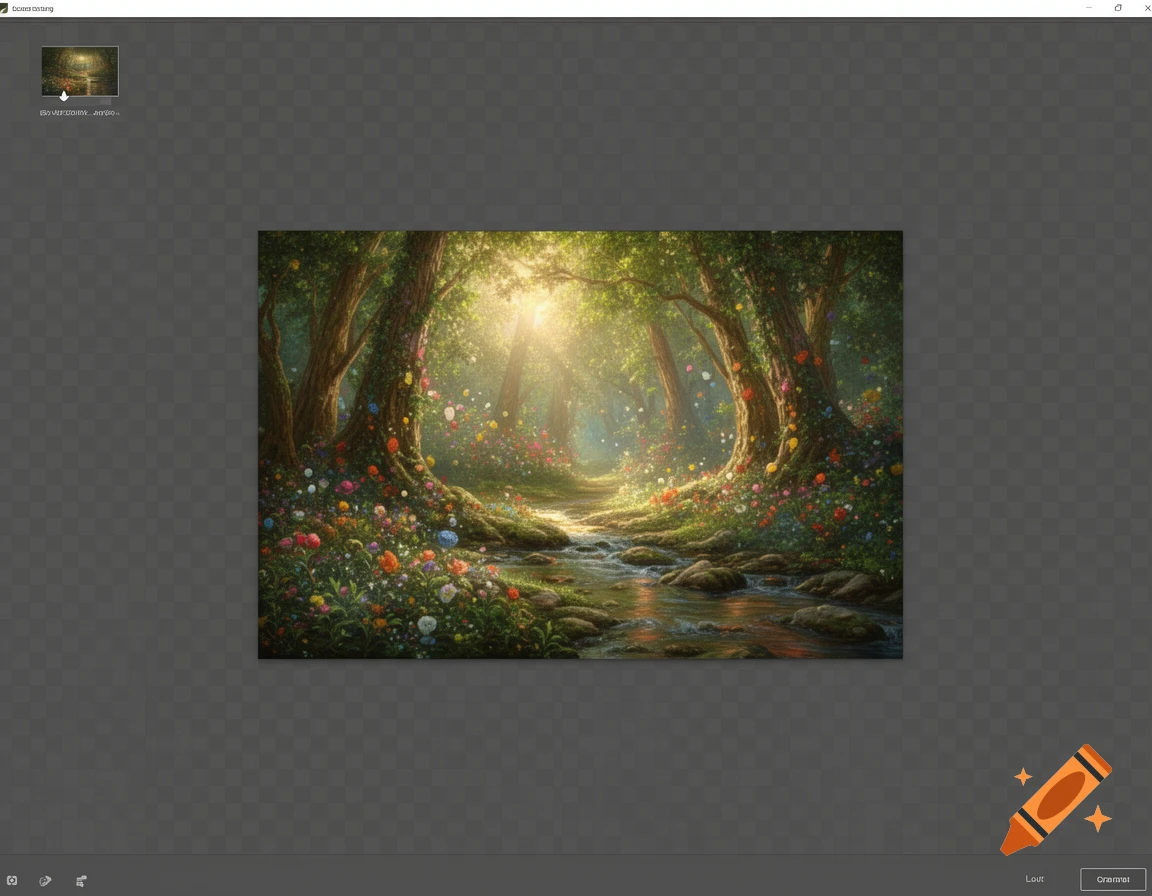 A magical forest scene with sunlight filtering through tall trees, a stream, and vibrant wildflowers. Dreamlike fantasy art.