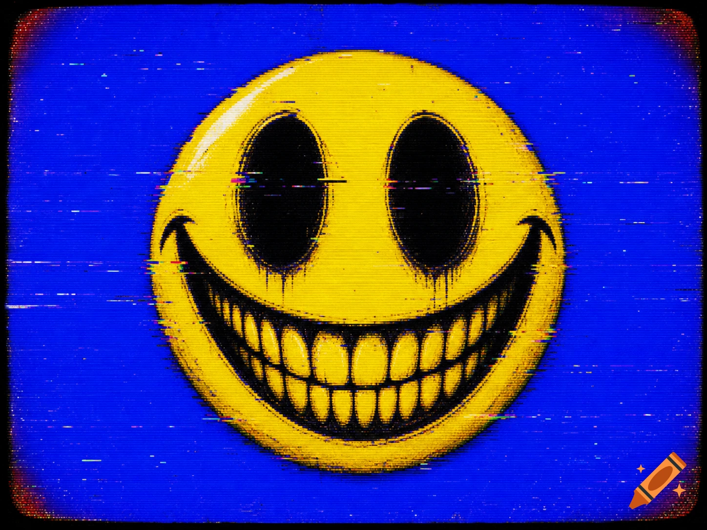 A creepy yellow smiley face with dripping black eyes and a wide, toothy grin against a glitchy blue background, in a damaged VHS style.