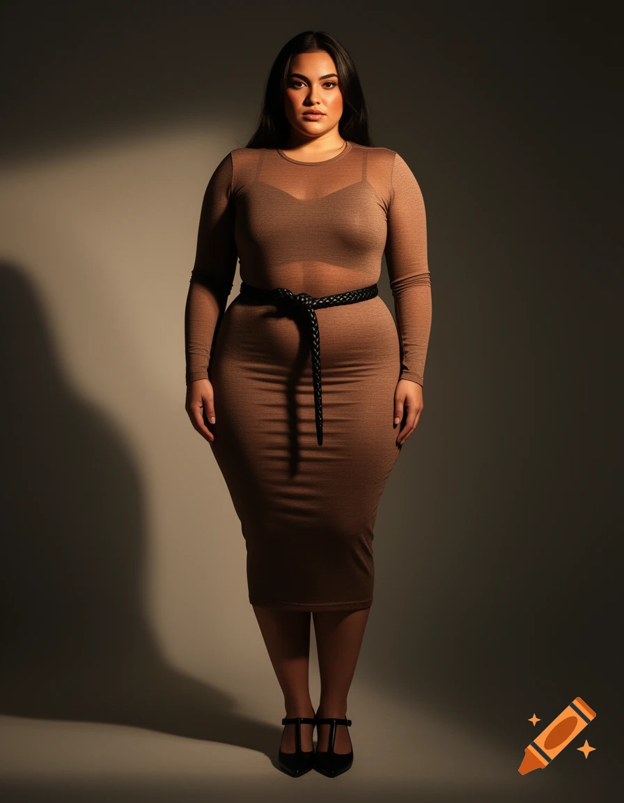 Photorealistic full-body portrait of a woman in a mocha bodycon midi dress with a braided belt and black t-bar shoes, under cinematic lighting.
