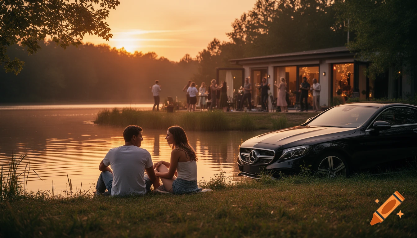 A couple sits by a lake at sunset, watching a house party across the water with a black Mercedes parked nearby.