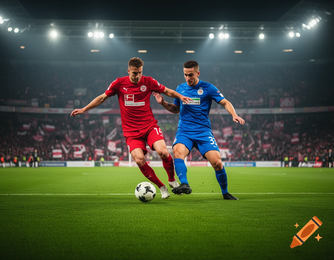 Two photorealistic soccer players in red and blue jerseys compete for the ball on a green field in a brightly lit stadium at night.